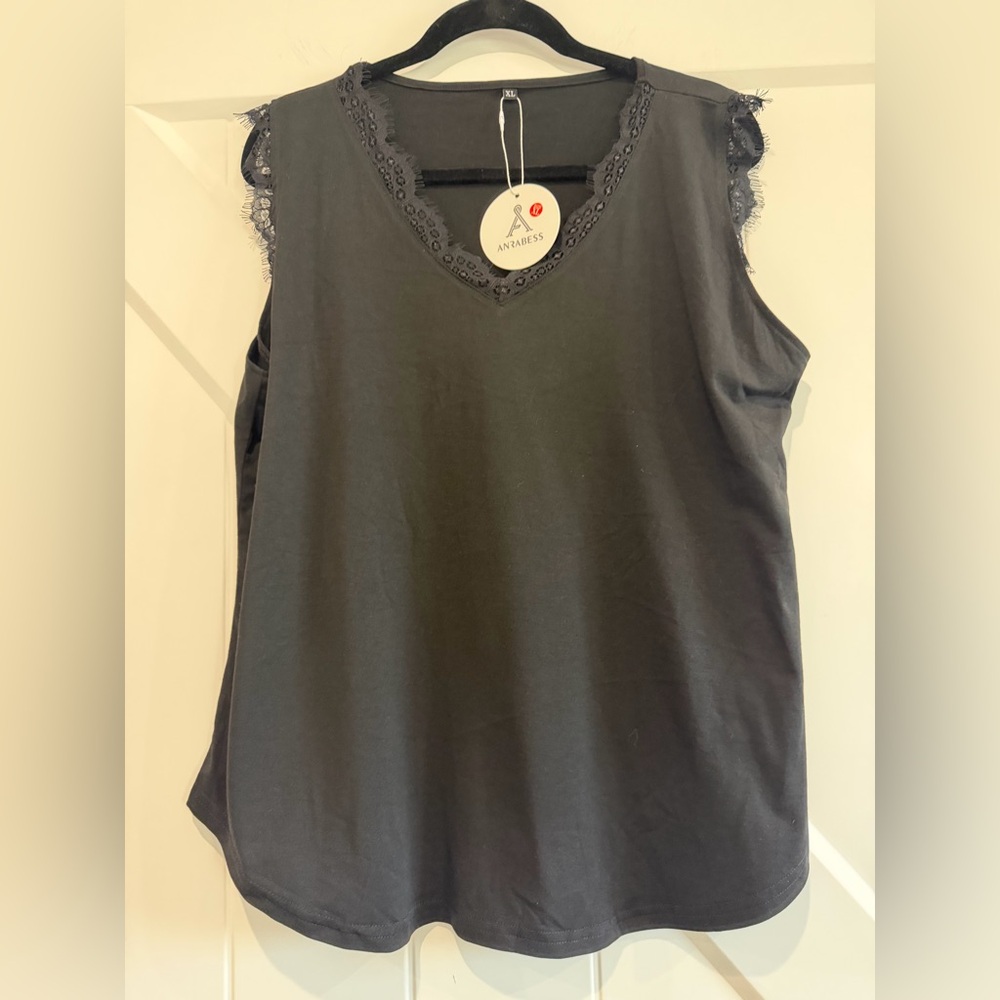 Anrabess Black Lace Trim Women's Top